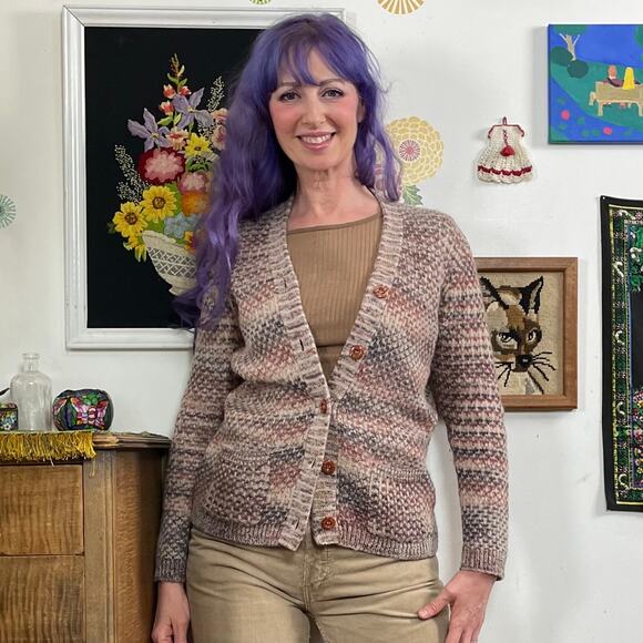 Vintage Grandpa Cardigan, 1970s Brown Space Dye V-Neck Button Front Sweater Sz S - Picture 1 of 10